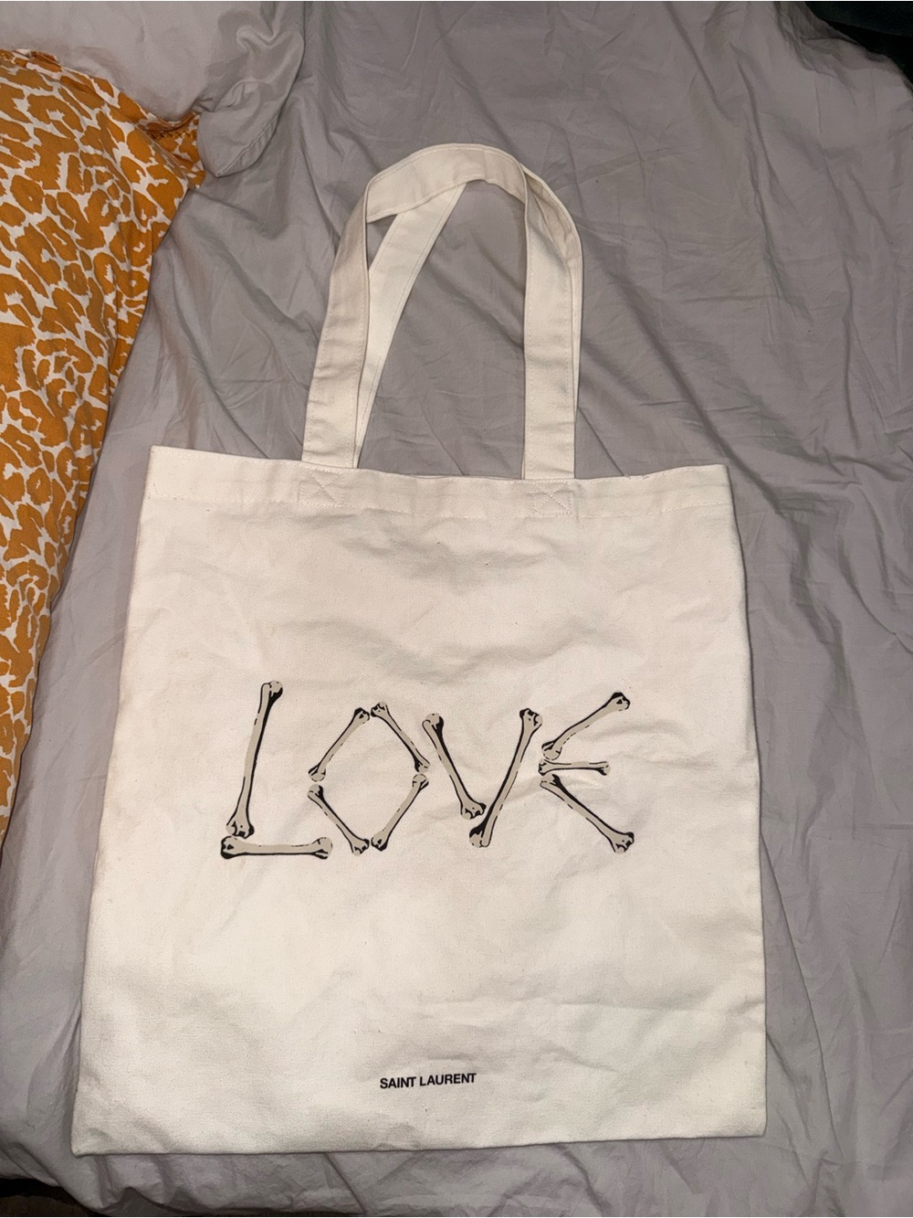 Saint Laurent White Canvas 'LOVE' Tote with Bone Motif